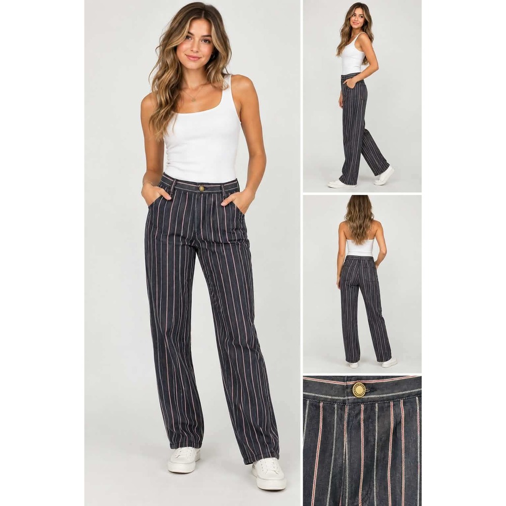 Chicos Design Pinstripe Cotton Pants Navy Blue Red White Straight Leg Size 3